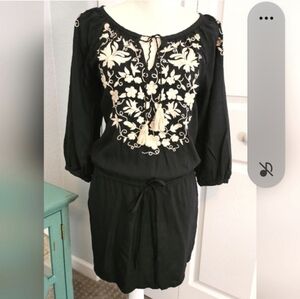 Lucky Brand Black Embroidered Boho Peasant Dress Tassel Tie XS